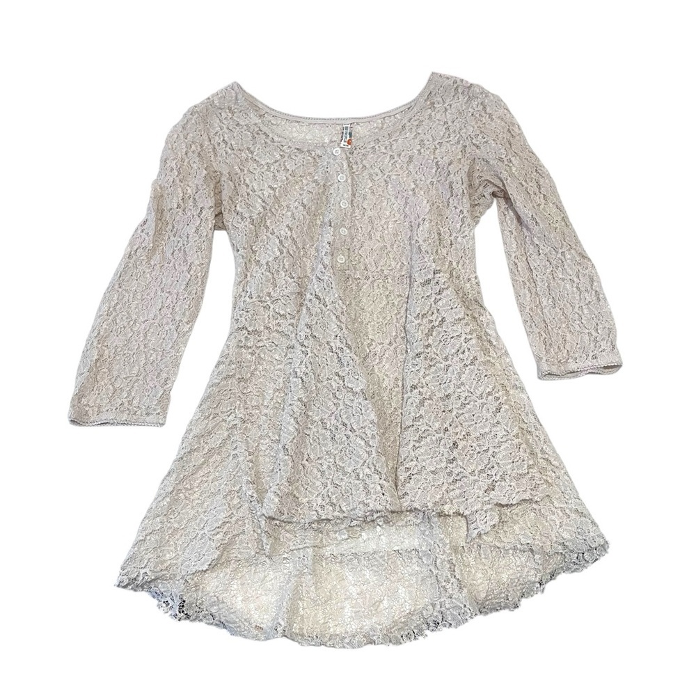 Free People Lace Babydoll Tunic Button Sheer Mini Dress Romantic Coquette Medium - Picture 3 of 10
